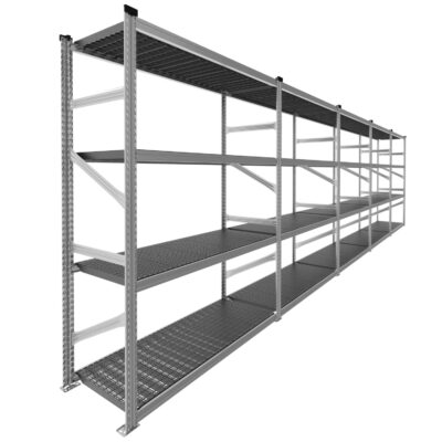 Regał metalowy z plastikowymi perforowanymi półkami